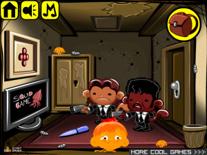 Счастливая Обезьянка 585: Игра в Кальмара и Криминальное Чтиво (Monkey GO Happy Stage 585: Squid Game plus Pulp Fiction Royale with Cheese) — играть онлайн бесплатно (изображение №2)