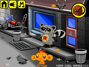 Игра Счастливая Обезьянка 685: Мотоциклетная Тема с Участием Енота Пески (Monkey GO Happy Stage 685: Monk The Detective and a mad scientist / Motorcycle Theme Featuring Pesky the Raccoon) — играть онлайн бесплатно (изображение №2)