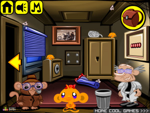 Игра Счастливая Обезьянка 685: Мотоциклетная Тема с Участием Енота Пески (Monkey GO Happy Stage 685: Monk The Detective and a mad scientist / Motorcycle Theme Featuring Pesky the Raccoon) — играть онлайн бесплатно (изображение №3)