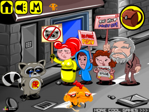 Игра Счастливая Обезьянка 762 (Monkey GO Happy Stage 762: Monkey-go-happy players riot against Pesky the Racoon) — играть онлайн бесплатно (изображение №2)