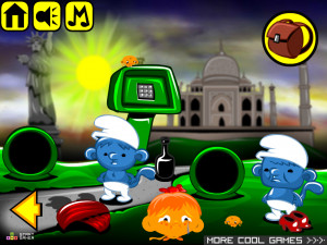 Игра Счастливая Обезьянка 820: Смурфики по Всему Миру (Monkey GO Happy Stage 820: Smurfing Around the World theme:Global adventure, different cultures and traditions) — играть онлайн бесплатно (изображение №3)