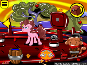Игра Счастливая Обезьянка 908: Маленькие Пони (Monkey GO Happy Stage 908: Monkeys Barrel Racing little ponies theme) — играть онлайн бесплатно (изображение №2)